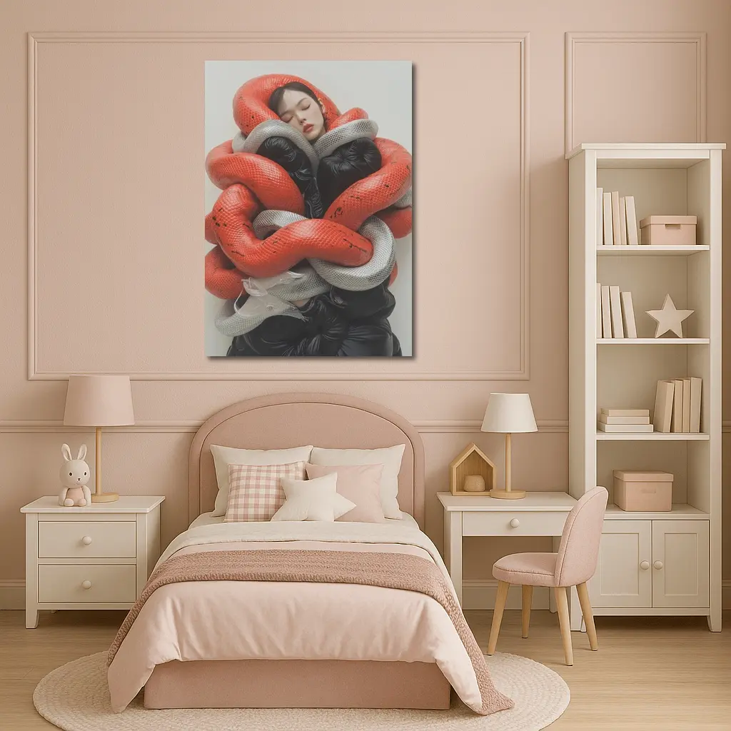 Woman Wrapped In Red Gray Snakes – Wall Art