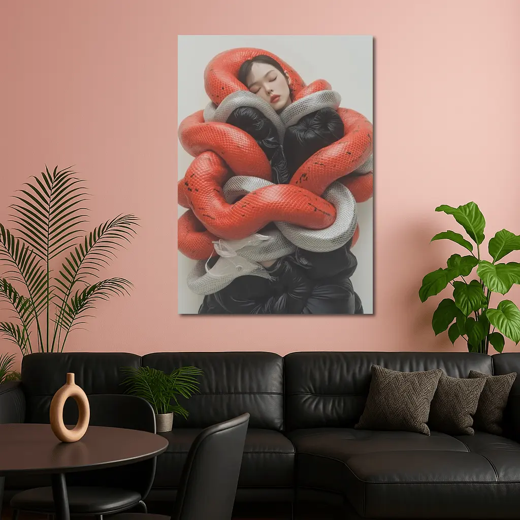 Woman Wrapped In Red Gray Snakes – Wall Art