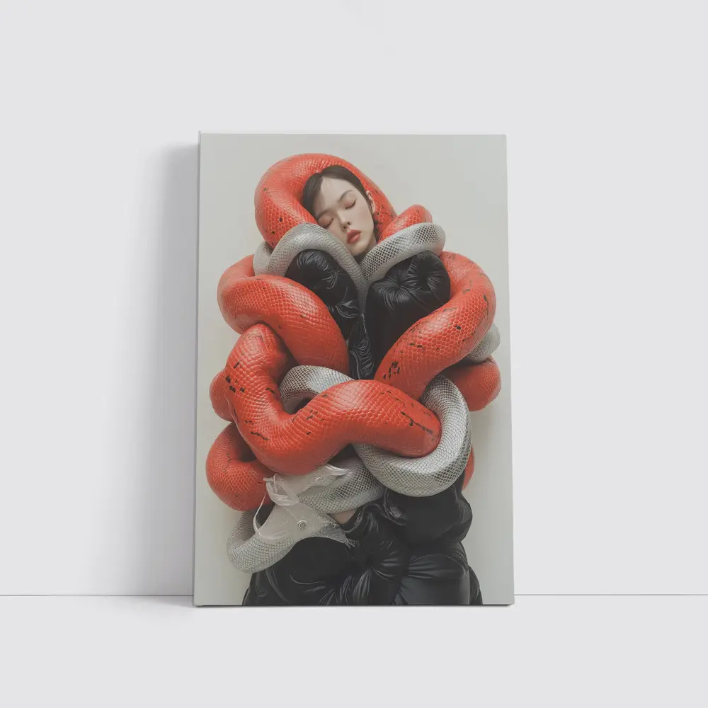 Woman Wrapped In Red Gray Snakes – Wall Art
