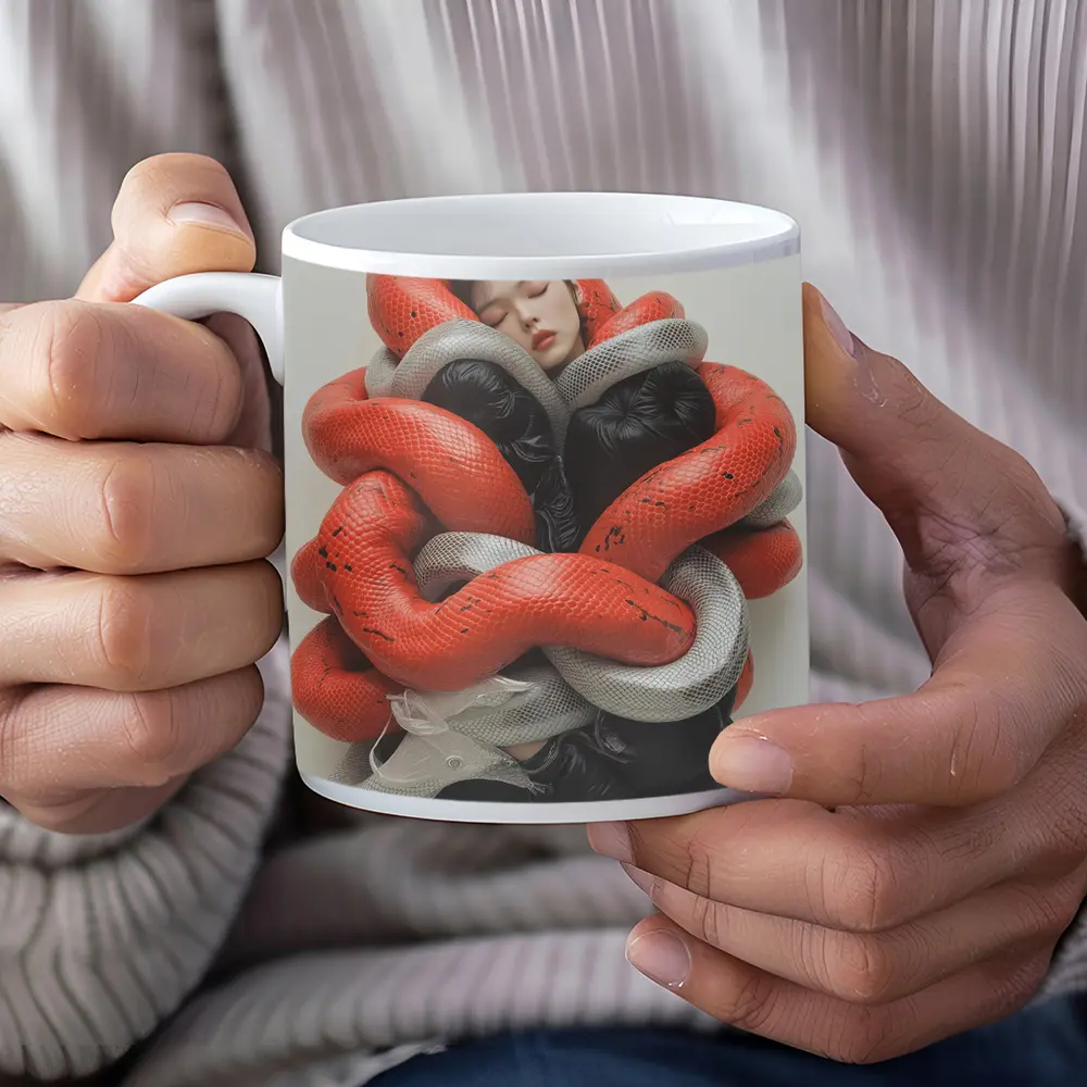 Woman Wrapped In Red Gray Snakes – Mugs