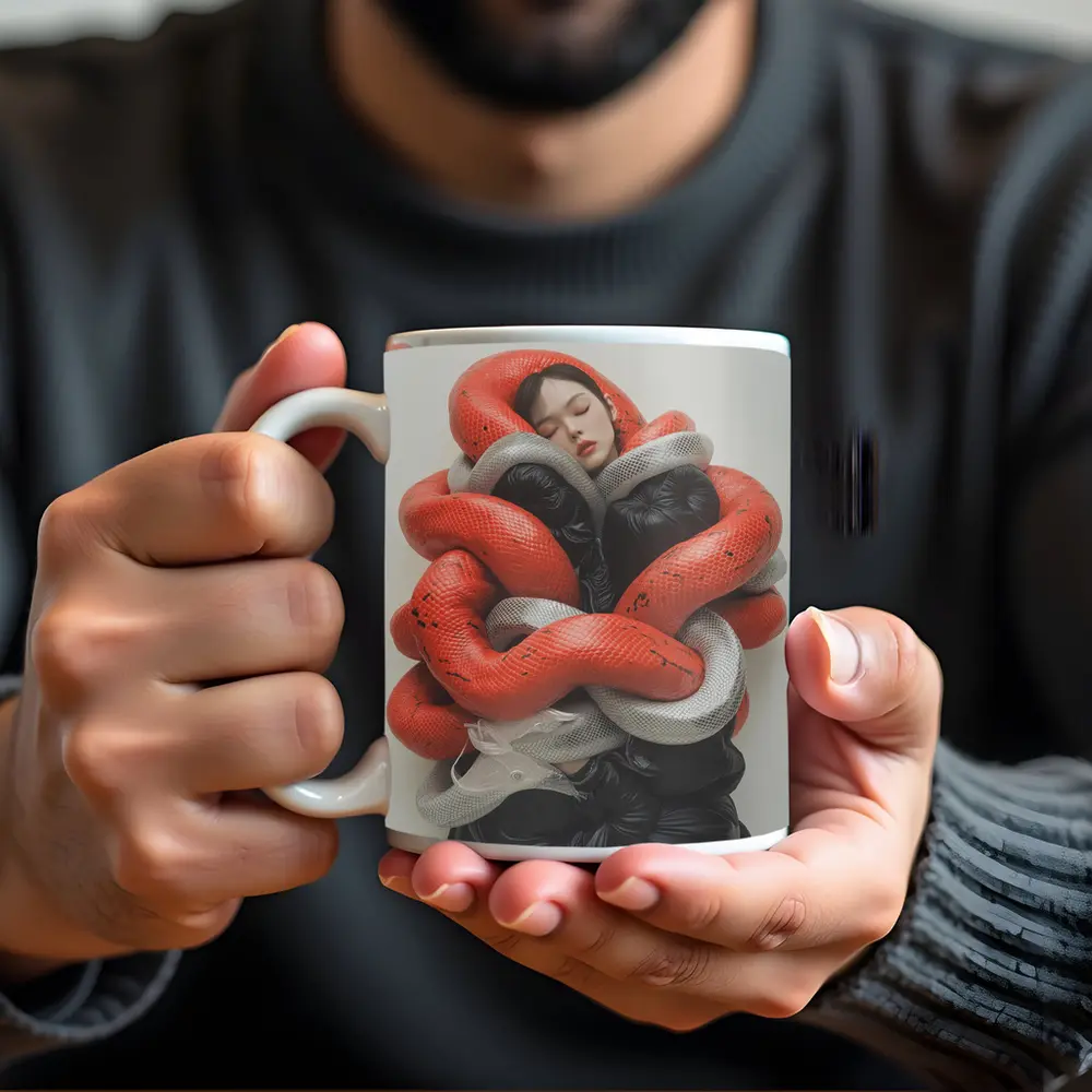 Woman Wrapped In Red Gray Snakes – Mugs