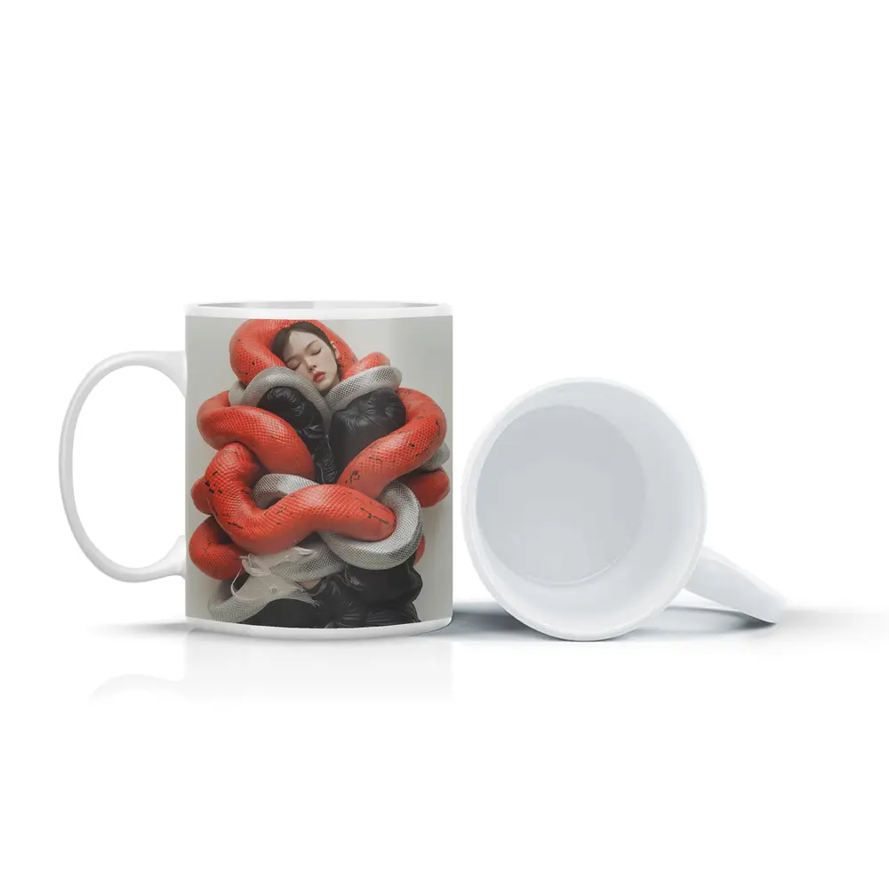 Woman Wrapped In Red Gray Snakes – Mugs