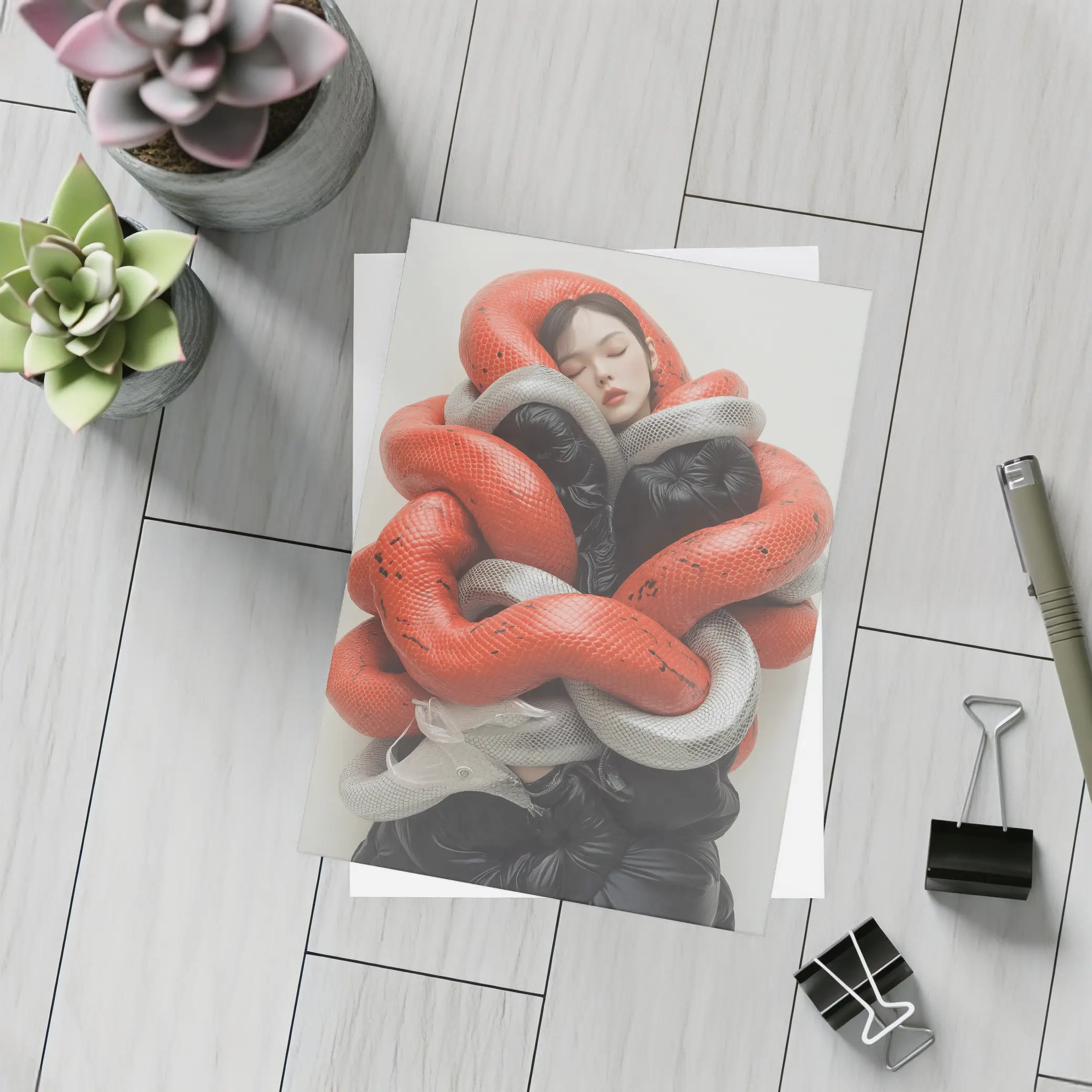 Woman Wrapped In Red Gray Snakes – Postcards