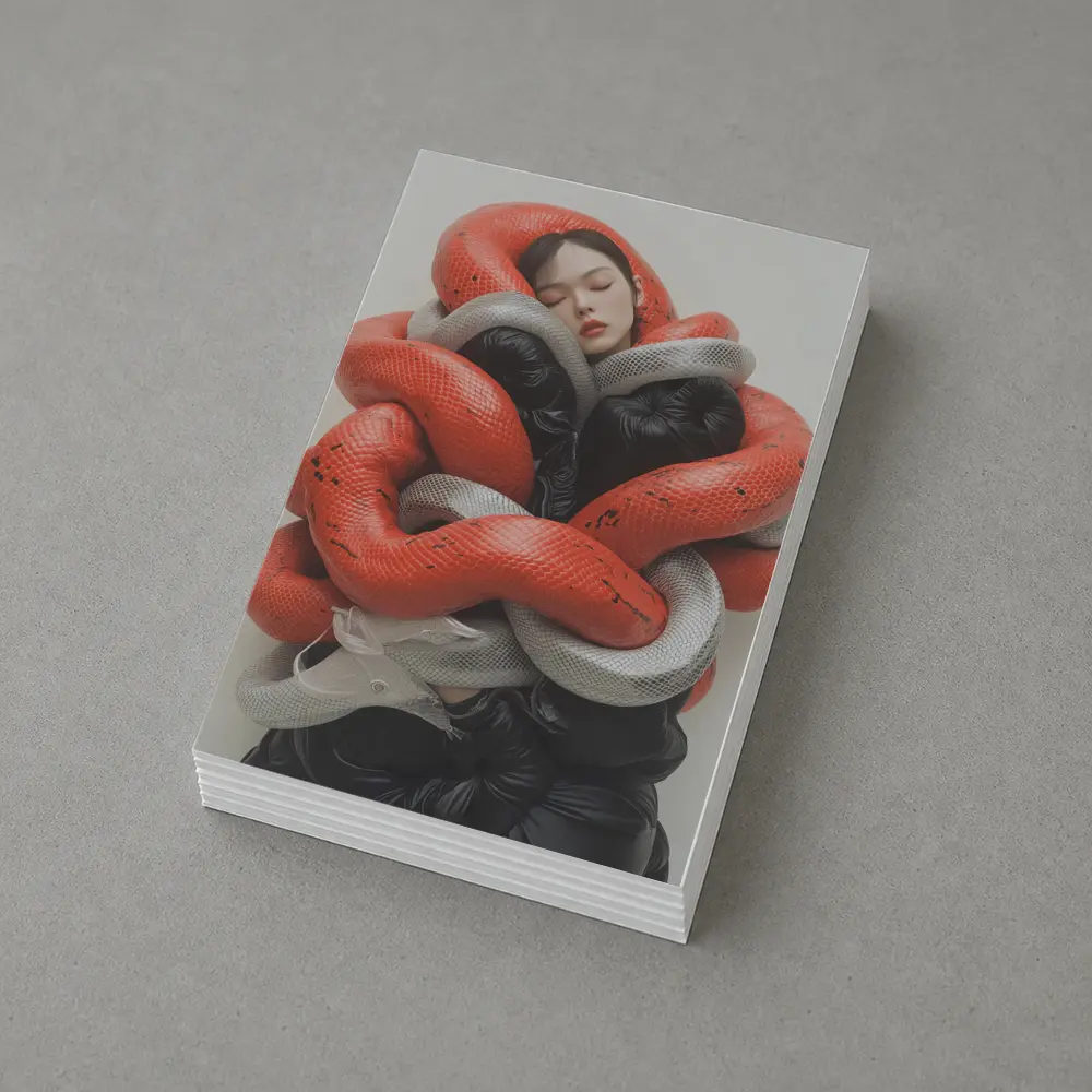 Woman Wrapped In Red Gray Snakes – Postcards