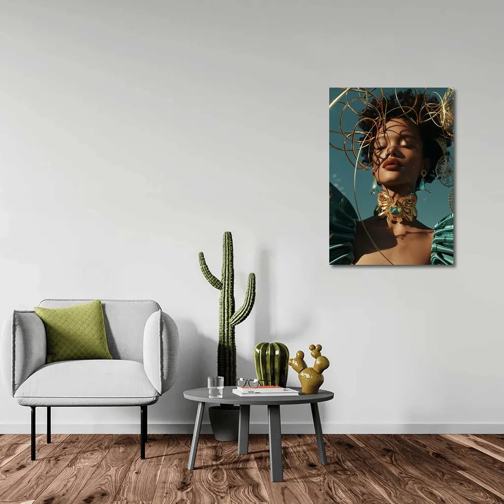 Gold Adorned Woman Teal Sky Fashion – Wall Art