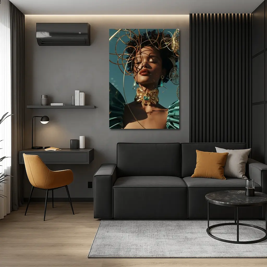 Gold Adorned Woman Teal Sky Fashion – Wall Art