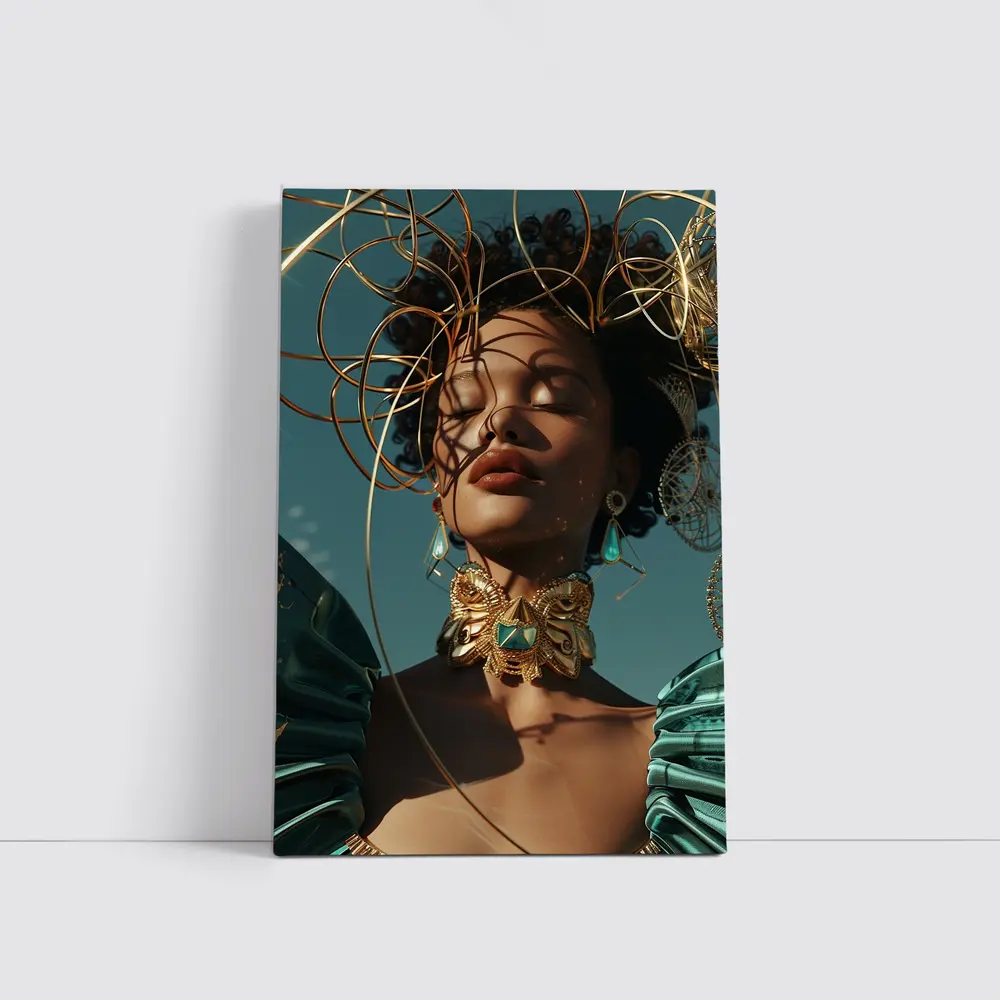 Gold Adorned Woman Teal Sky Fashion – Wall Art