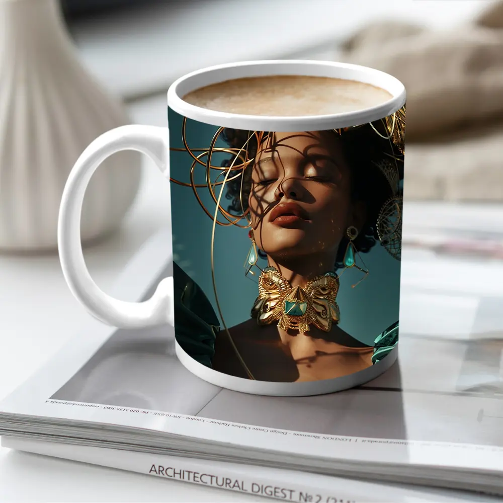 Gold Adorned Woman Teal Sky Fashion – Mugs