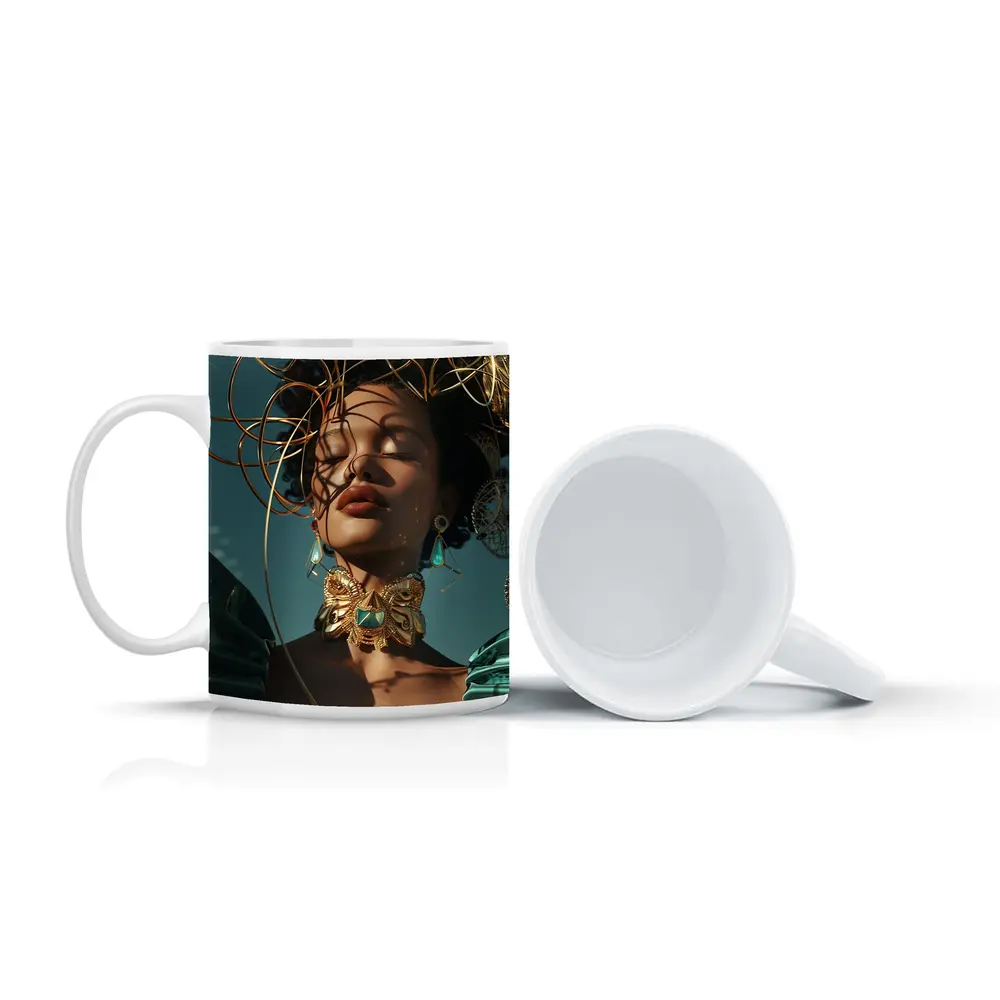 Gold Adorned Woman Teal Sky Fashion – Mugs