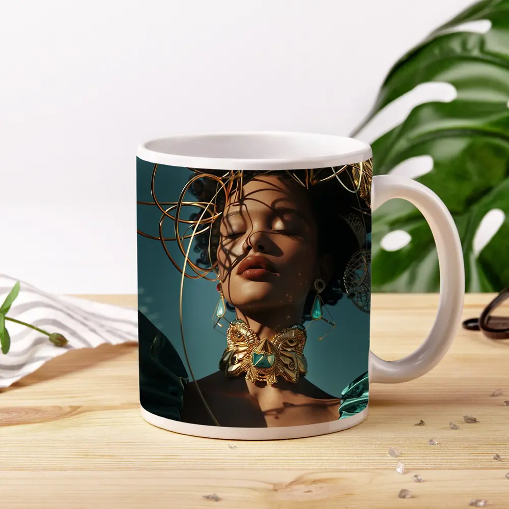 Gold Adorned Woman Teal Sky Fashion – Mugs