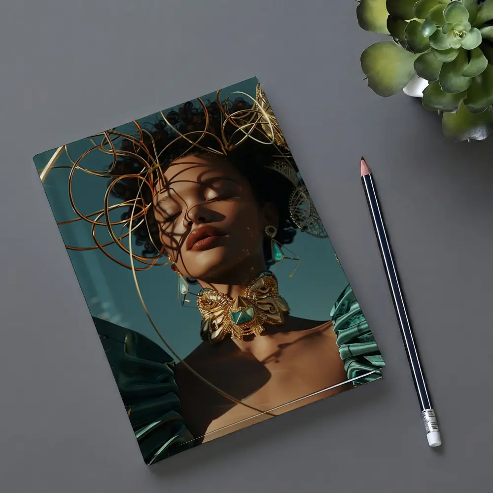 Gold Adorned Woman Teal Sky Fashion – Notebooks