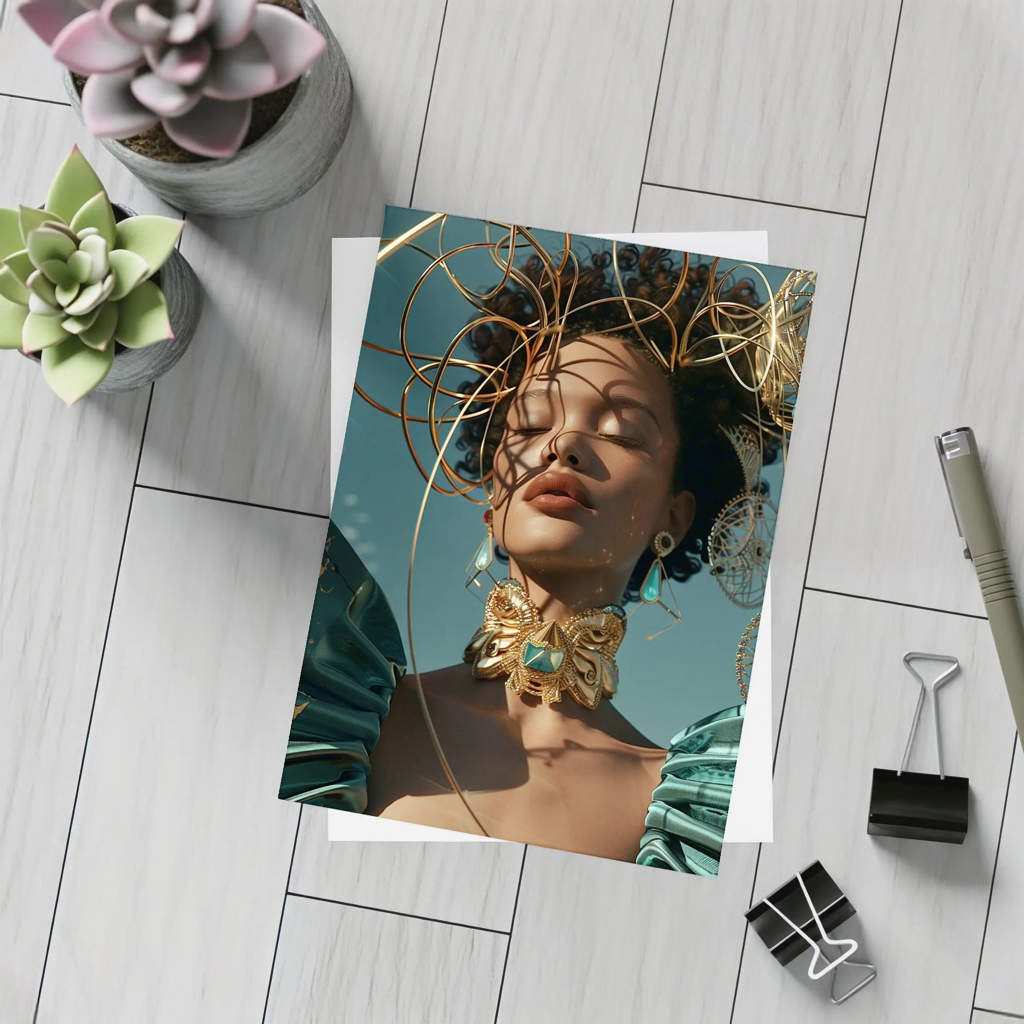 Gold Adorned Woman Teal Sky Fashion – Postcards