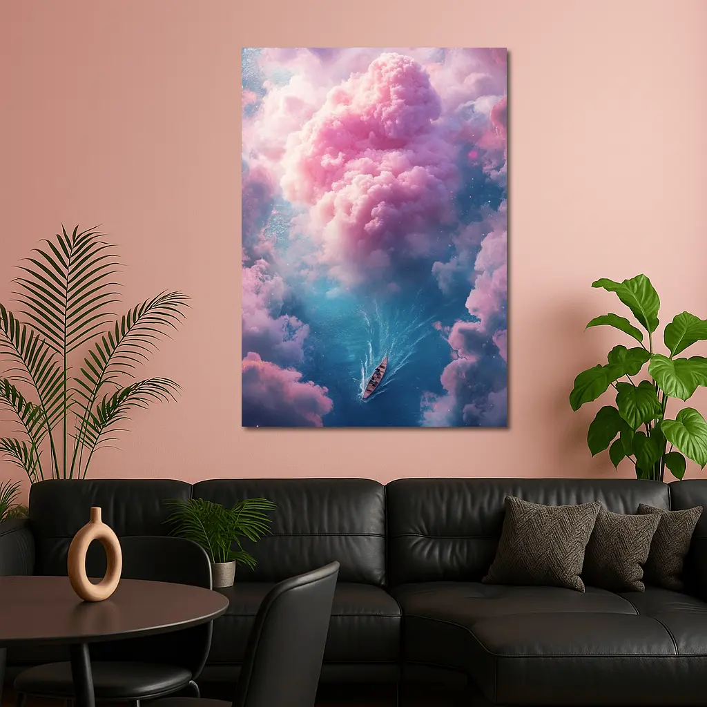 Boat Sailing Through Pink Dream Clouds – Wall Art
