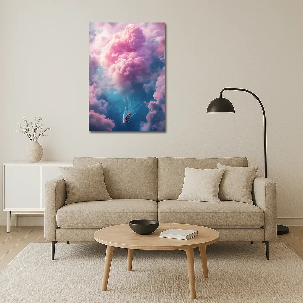 Boat Sailing Through Pink Dream Clouds – Wall Art