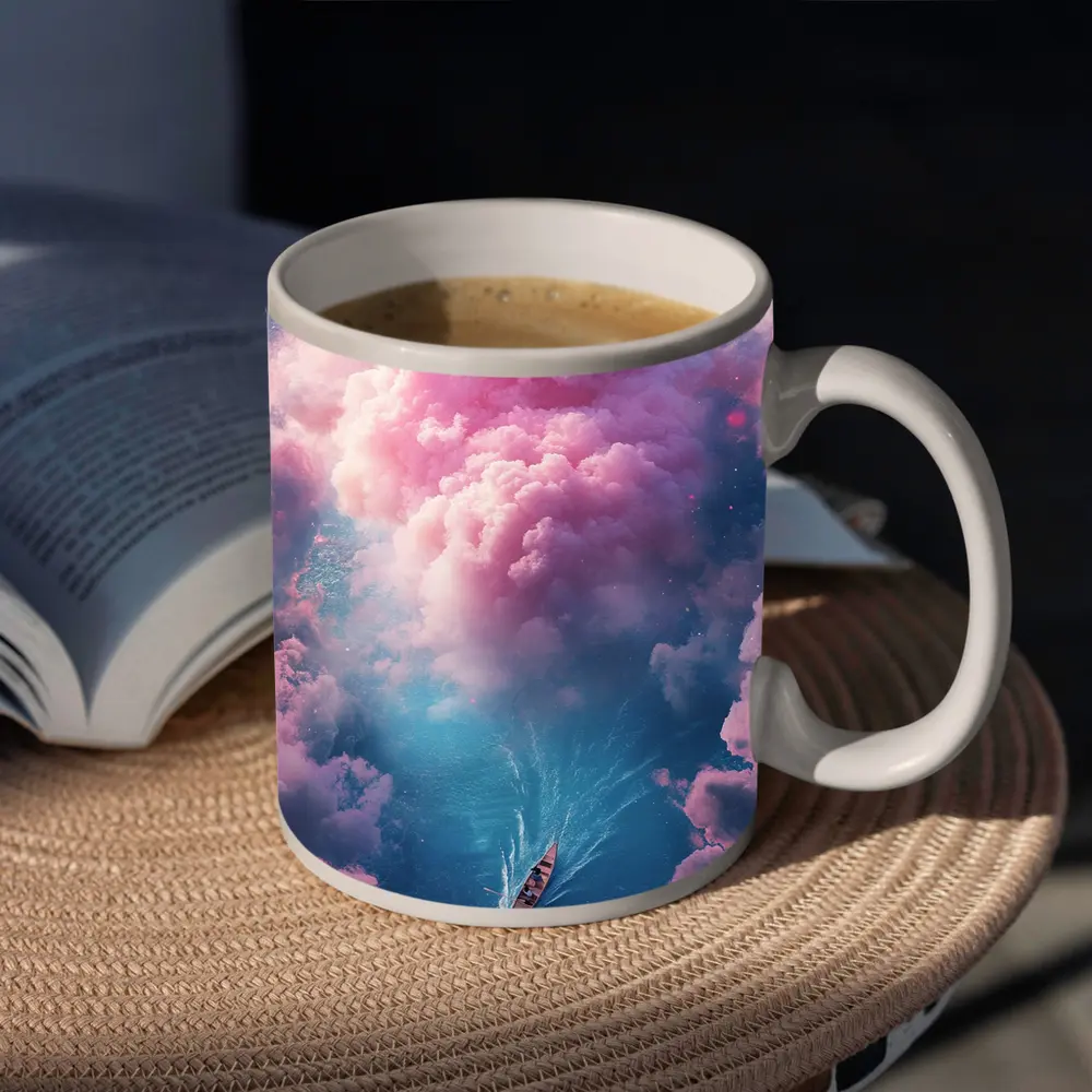 Boat Sailing Through Pink Dream Clouds – Mugs