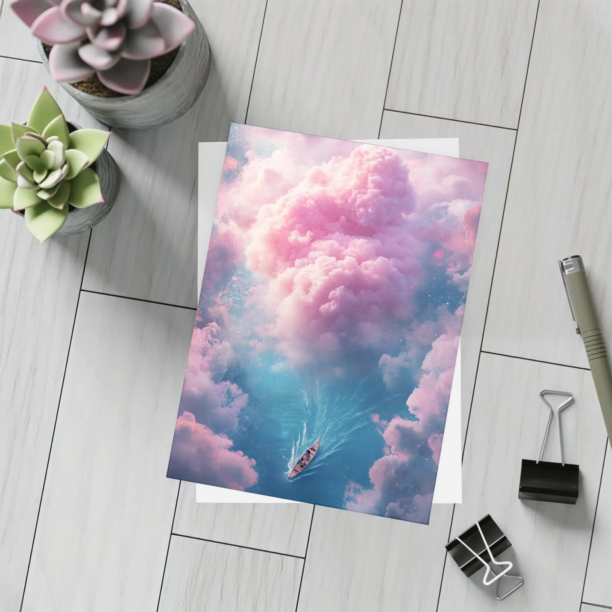 Boat Sailing Through Pink Dream Clouds – Postcards