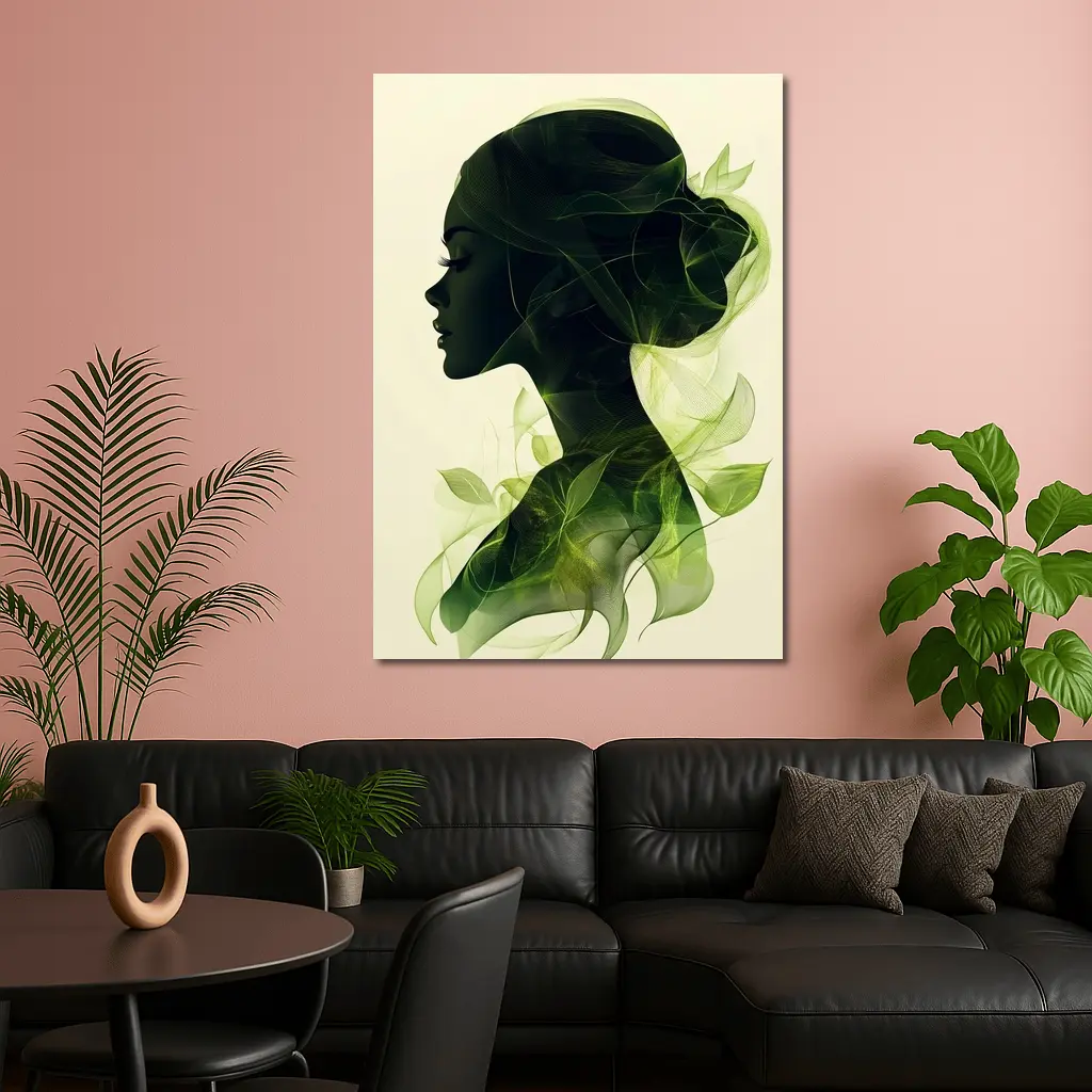 Woman Silhouette Double Exposure Green Leaves – Wall Art