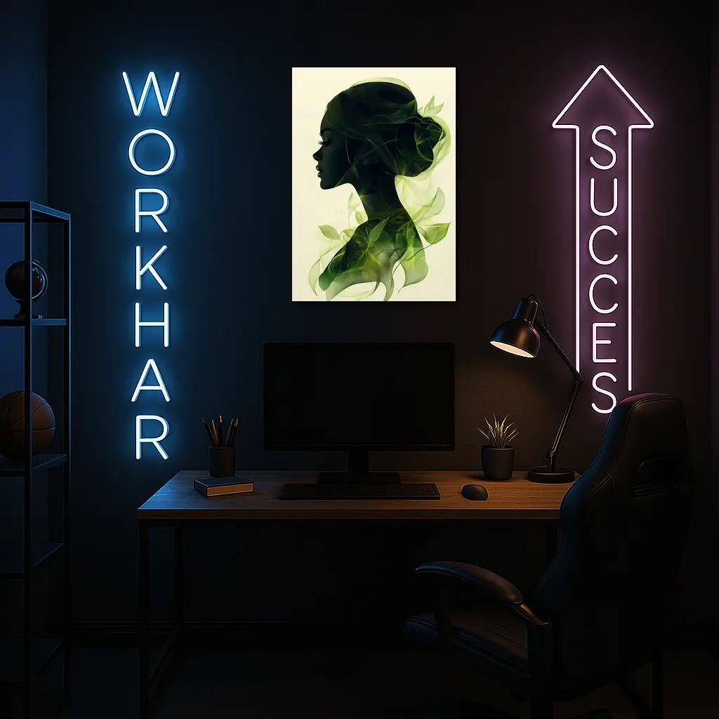 Woman Silhouette Double Exposure Green Leaves – Wall Art