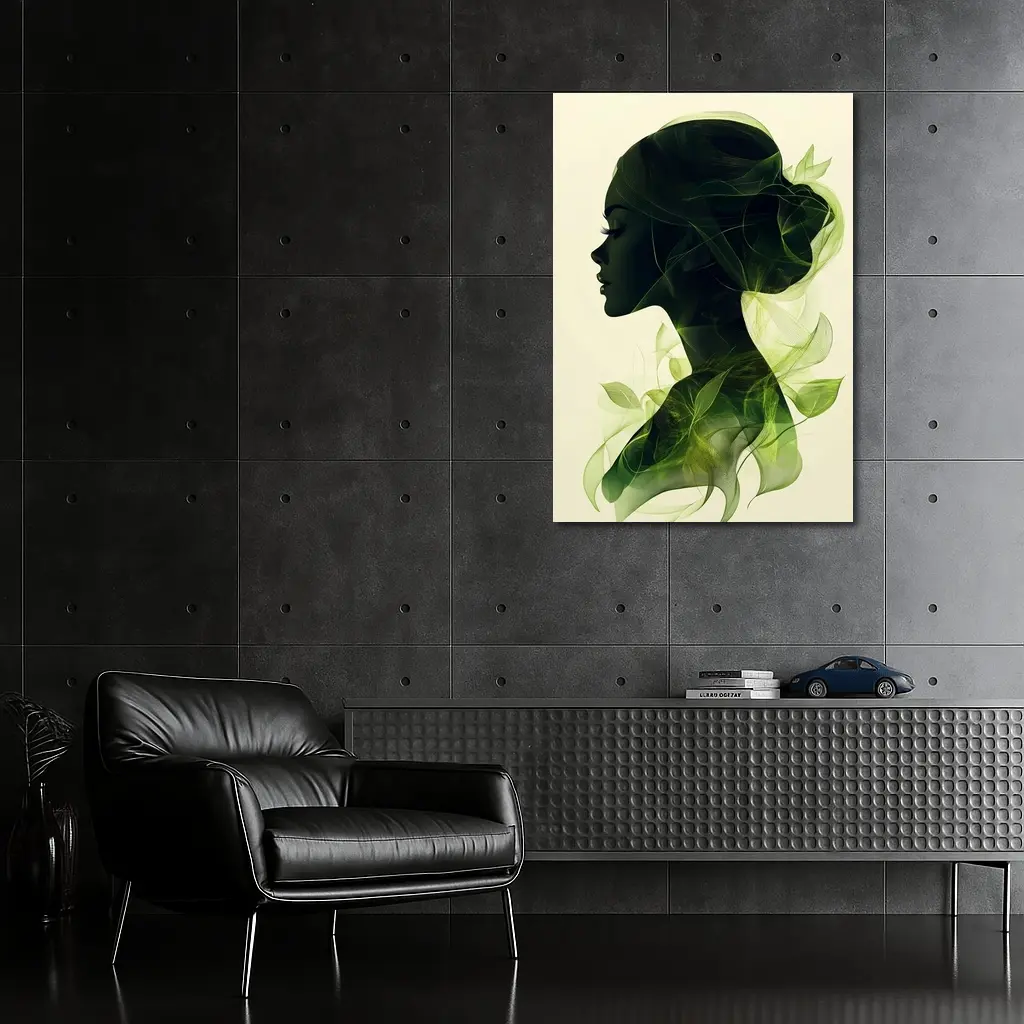 Woman Silhouette Double Exposure Green Leaves – Wall Art