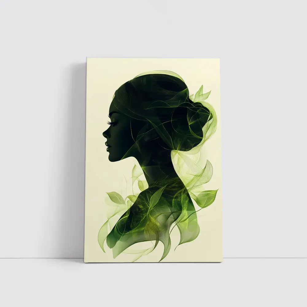 Woman Silhouette Double Exposure Green Leaves – Wall Art