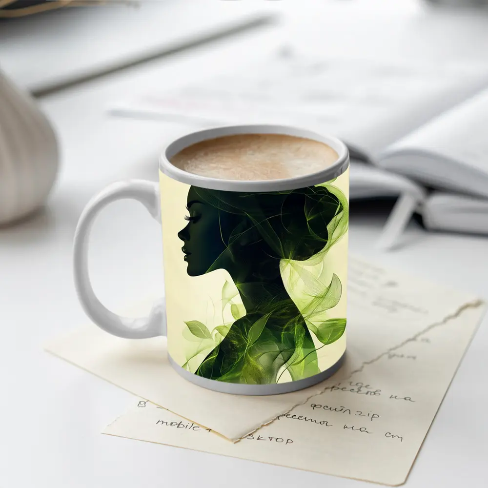 Woman Silhouette Double Exposure Green Leaves – Mugs