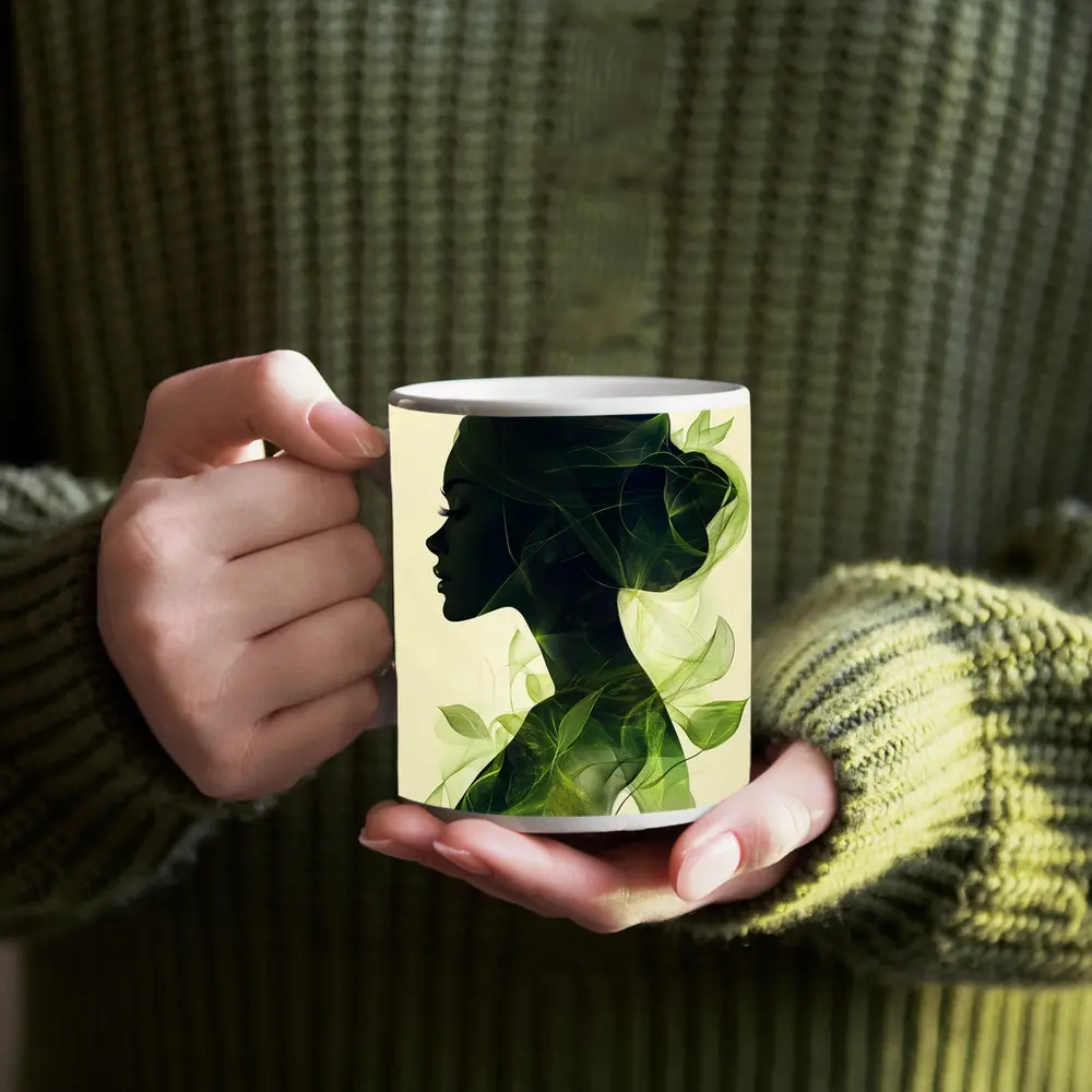 Woman Silhouette Double Exposure Green Leaves – Mugs