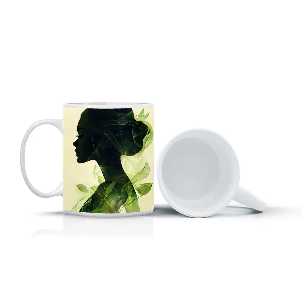 Woman Silhouette Double Exposure Green Leaves – Mugs