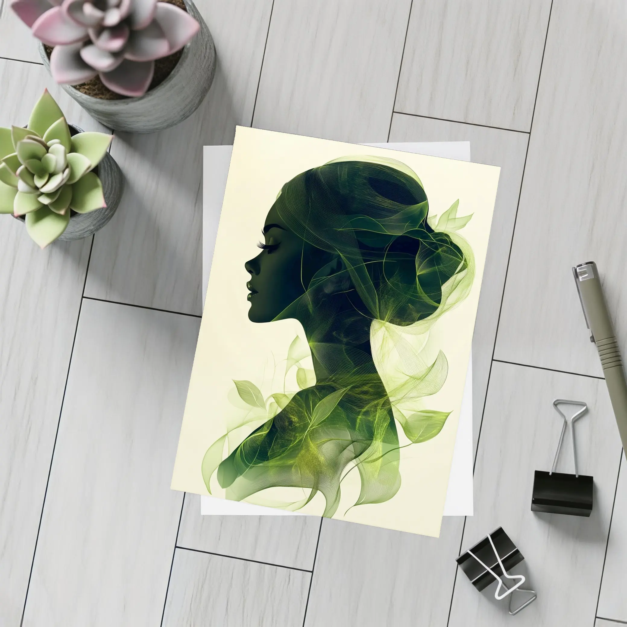 Woman Silhouette Double Exposure Green Leaves – Postcards