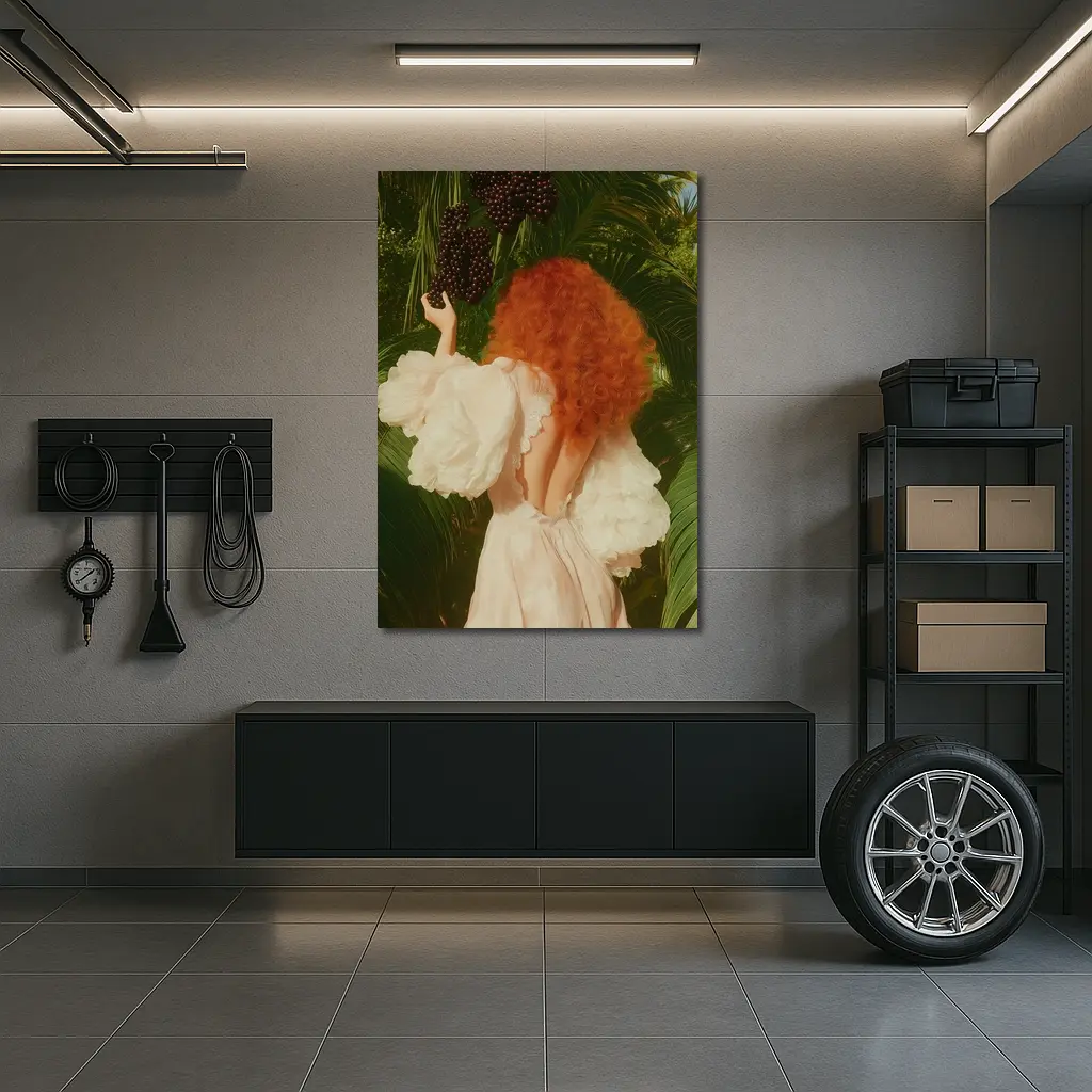 Red Hair Woman Garden Tropical Green Background – Wall Art