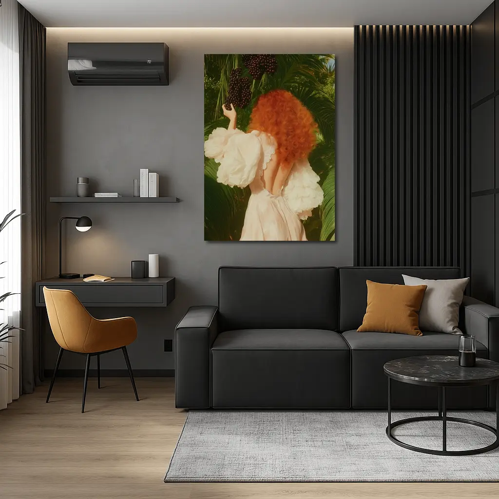 Red Hair Woman Garden Tropical Green Background – Wall Art