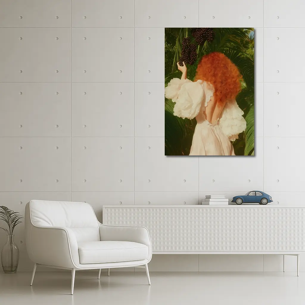 Red Hair Woman Garden Tropical Green Background – Wall Art