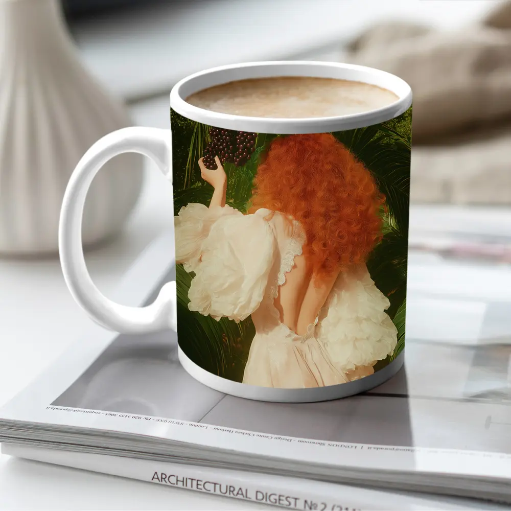 Red Hair Woman Garden Tropical Green Background – Mugs