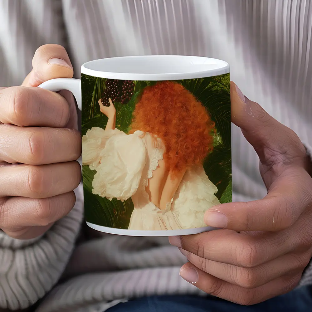 Red Hair Woman Garden Tropical Green Background – Mugs