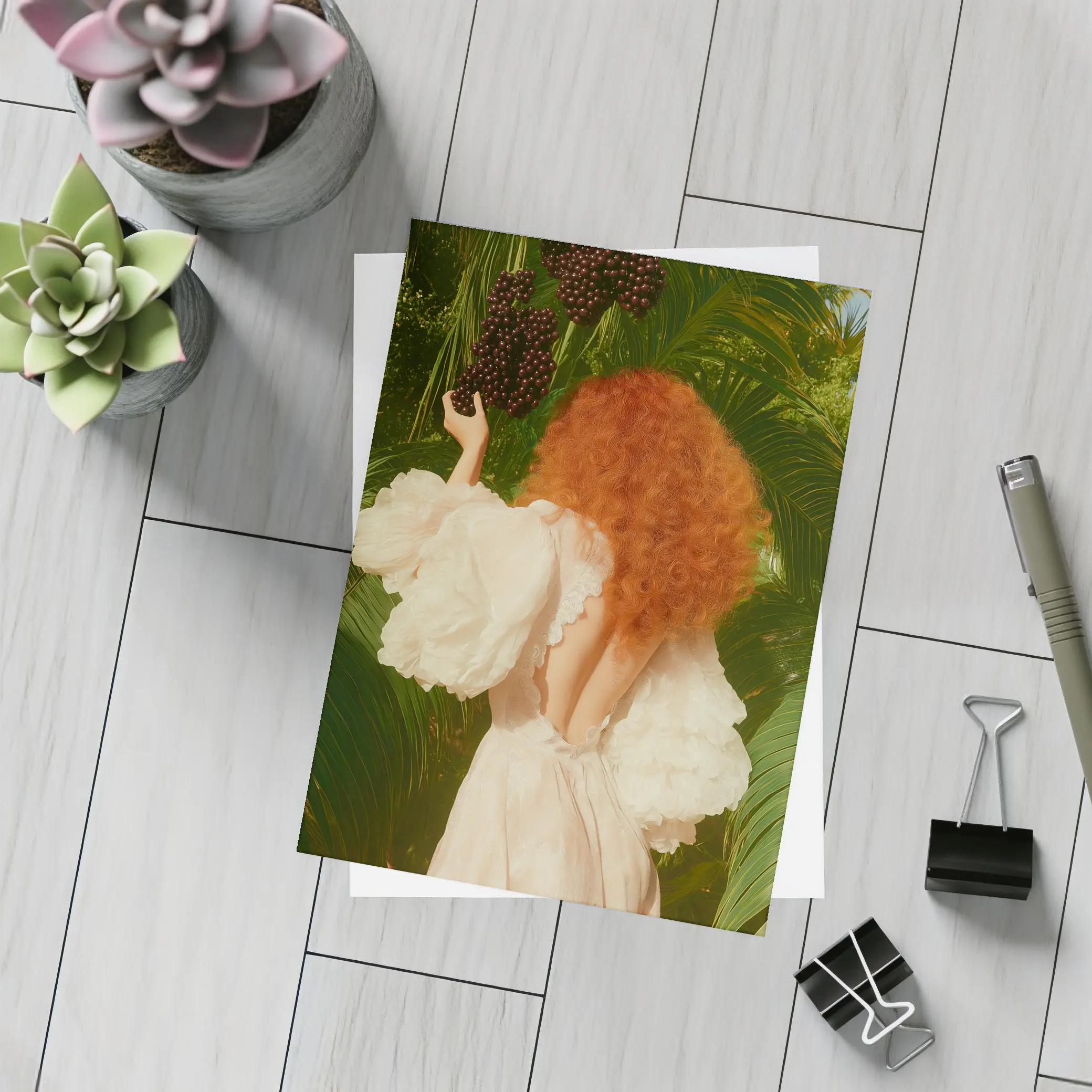 Red Hair Woman Garden Tropical Green Background – Postcards