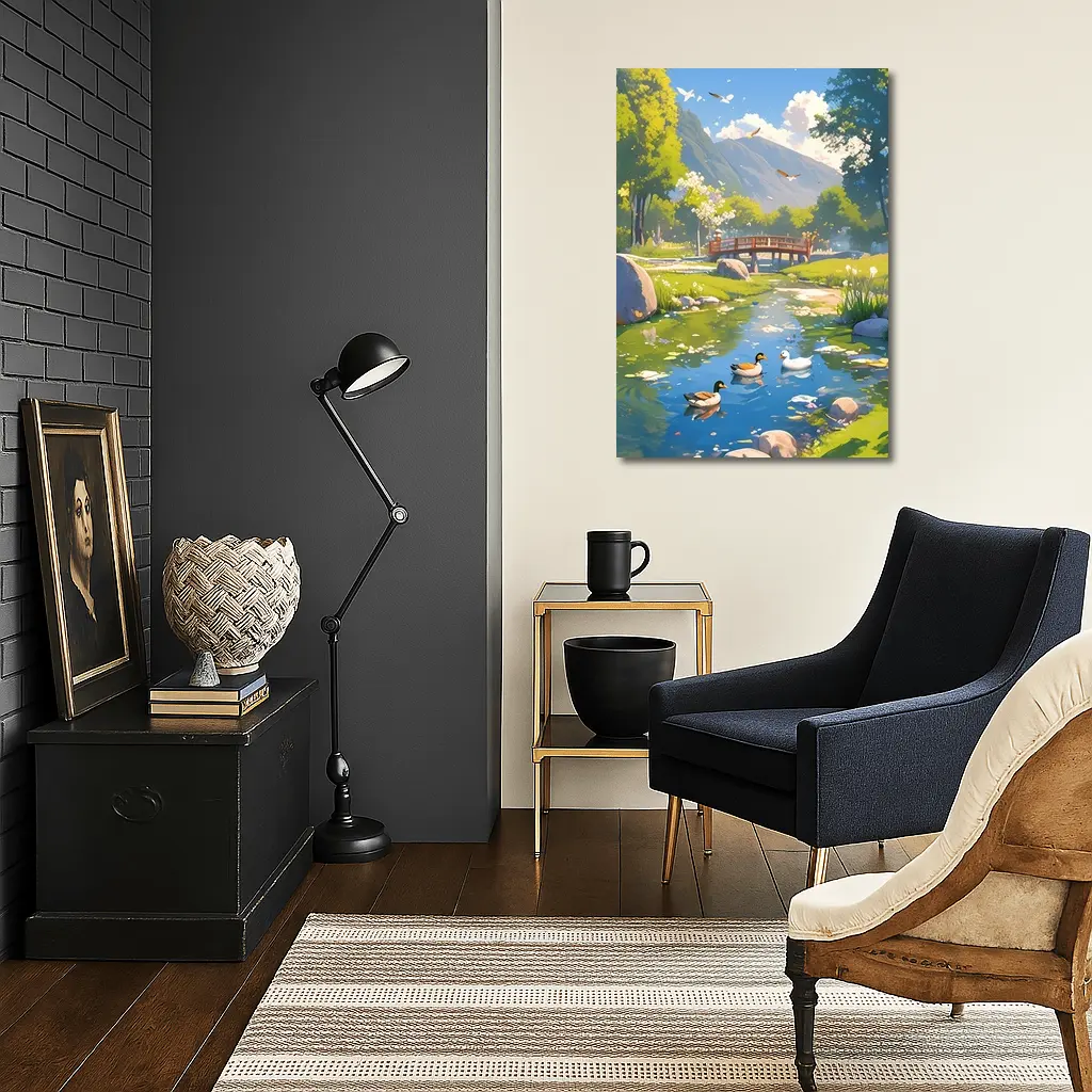 Ducks Swimming By Bridge Anime Landscape – Wall Art