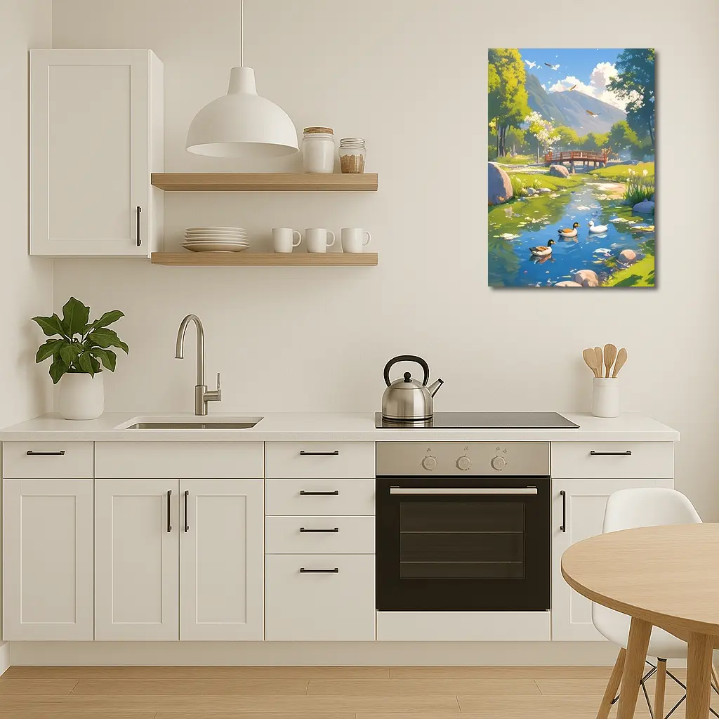 Ducks Swimming By Bridge Anime Landscape – Wall Art