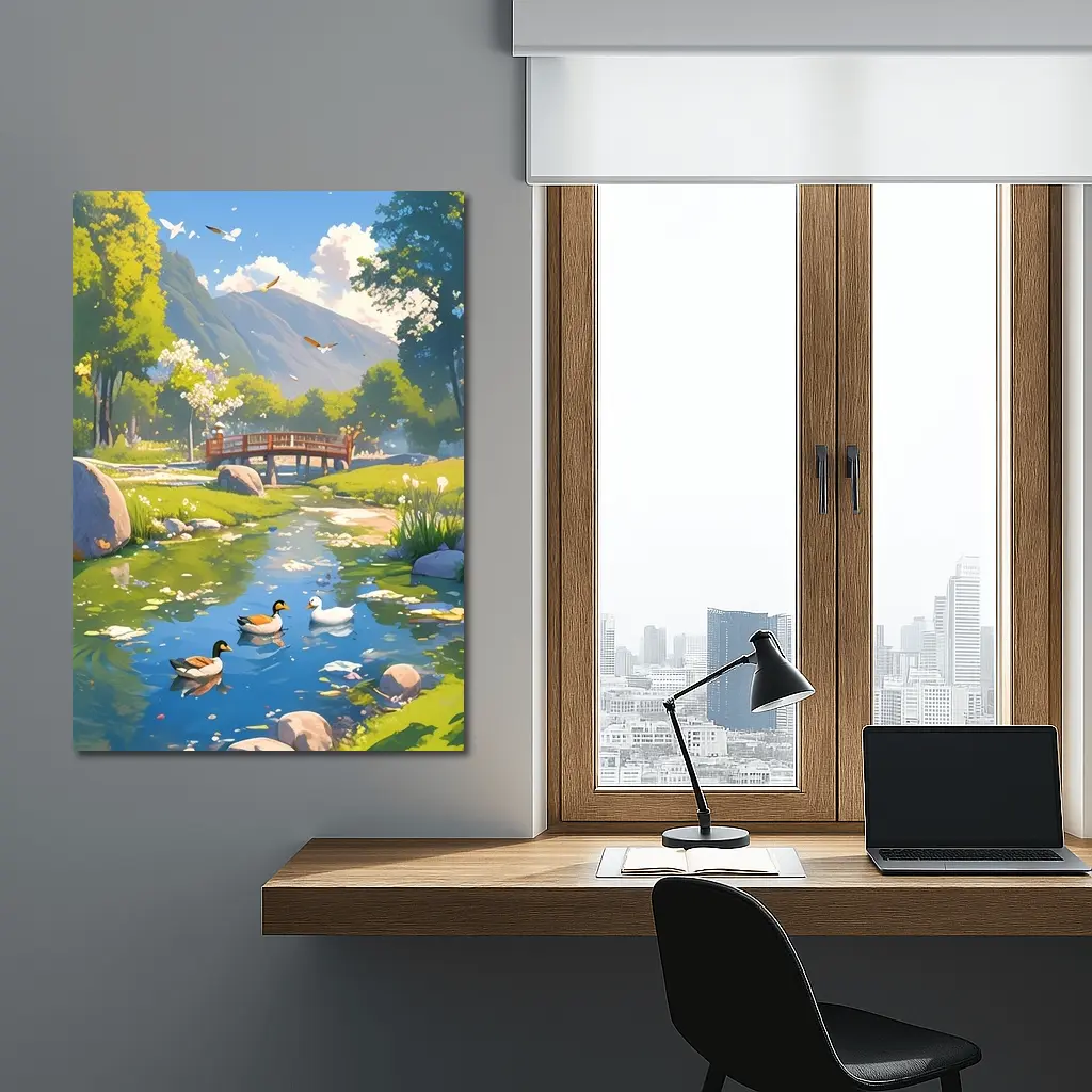 Ducks Swimming By Bridge Anime Landscape – Wall Art
