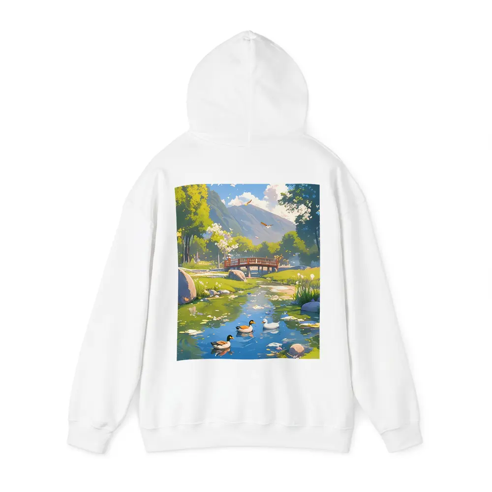 Ducks Swimming By Bridge Anime Landscape – Hoodies