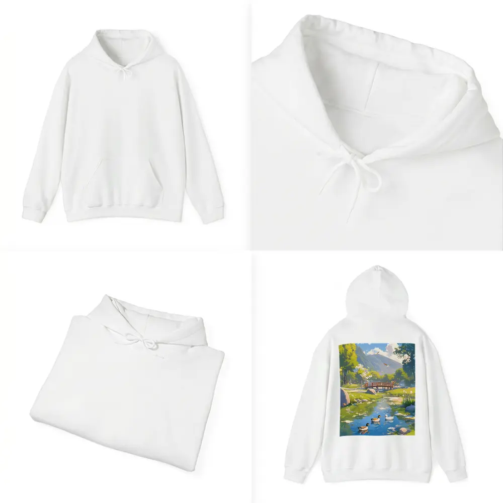 Ducks Swimming By Bridge Anime Landscape – Hoodies