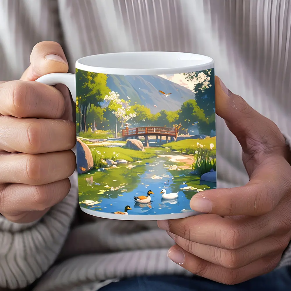 Ducks Swimming By Bridge Anime Landscape – Mugs