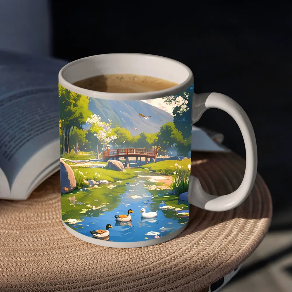 Ducks Swimming By Bridge Anime Landscape – Mugs