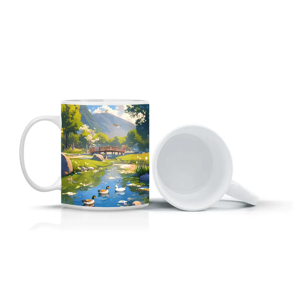Ducks Swimming By Bridge Anime Landscape – Mugs