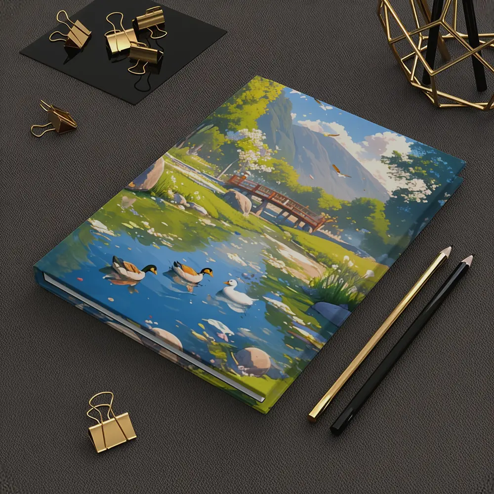 Ducks Swimming By Bridge Anime Landscape – Notebooks
