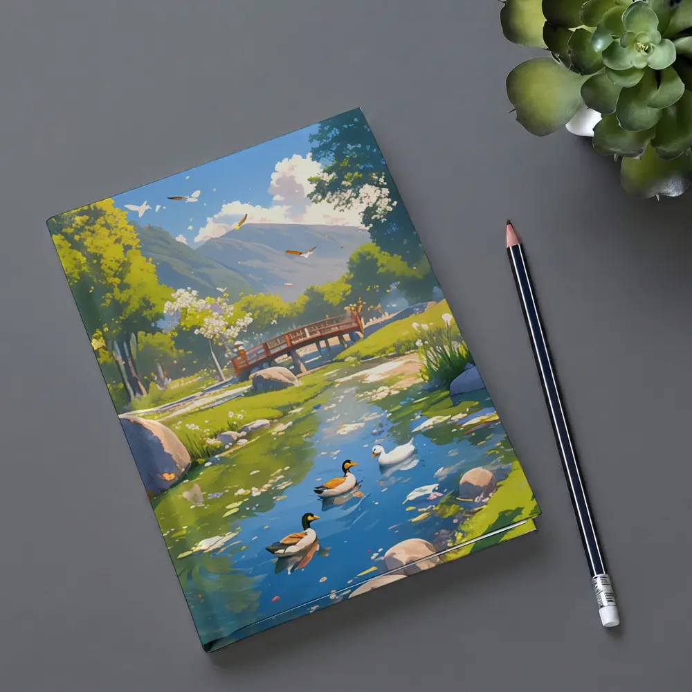 Ducks Swimming By Bridge Anime Landscape – Notebooks