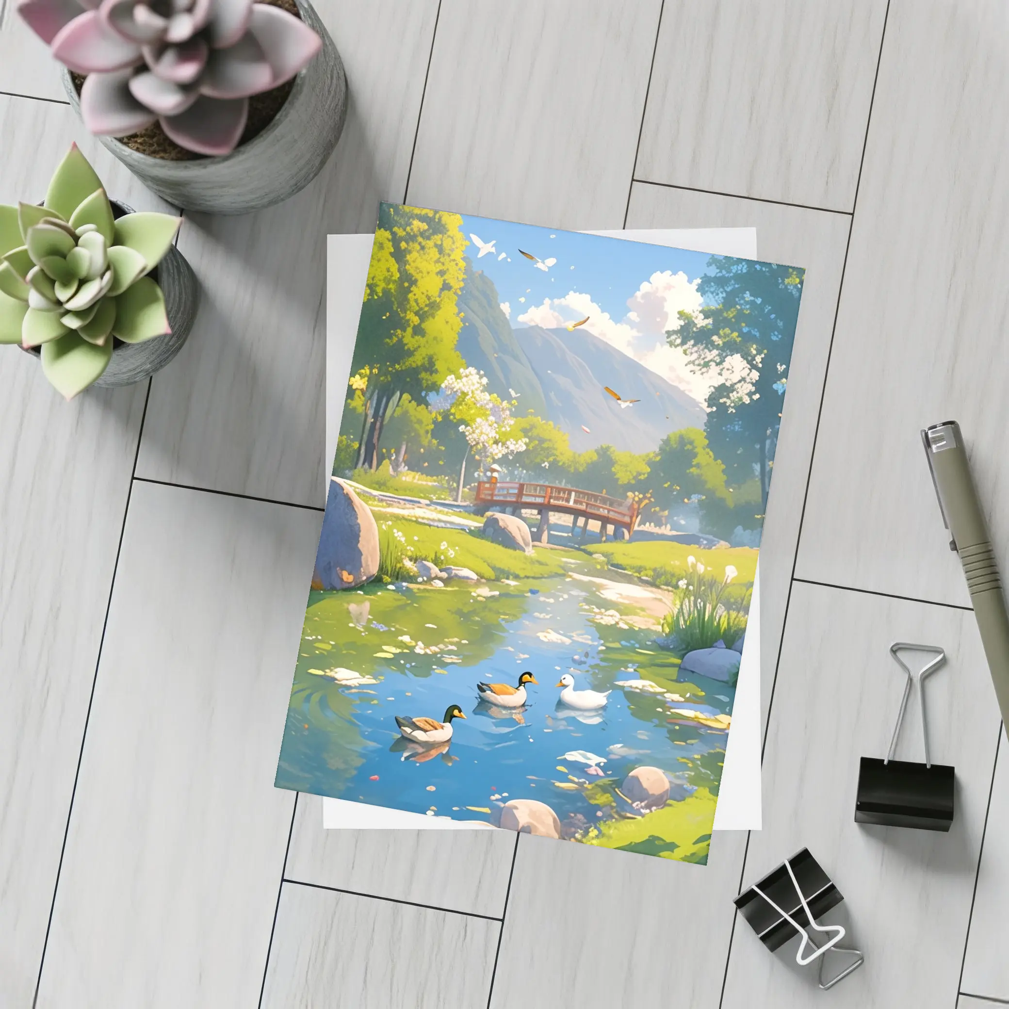 Ducks Swimming By Bridge Anime Landscape – Postcards