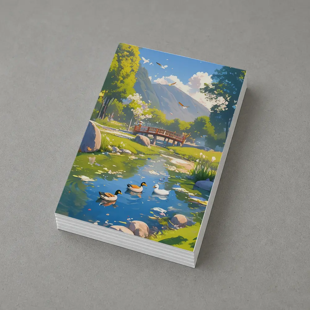 Ducks Swimming By Bridge Anime Landscape – Postcards