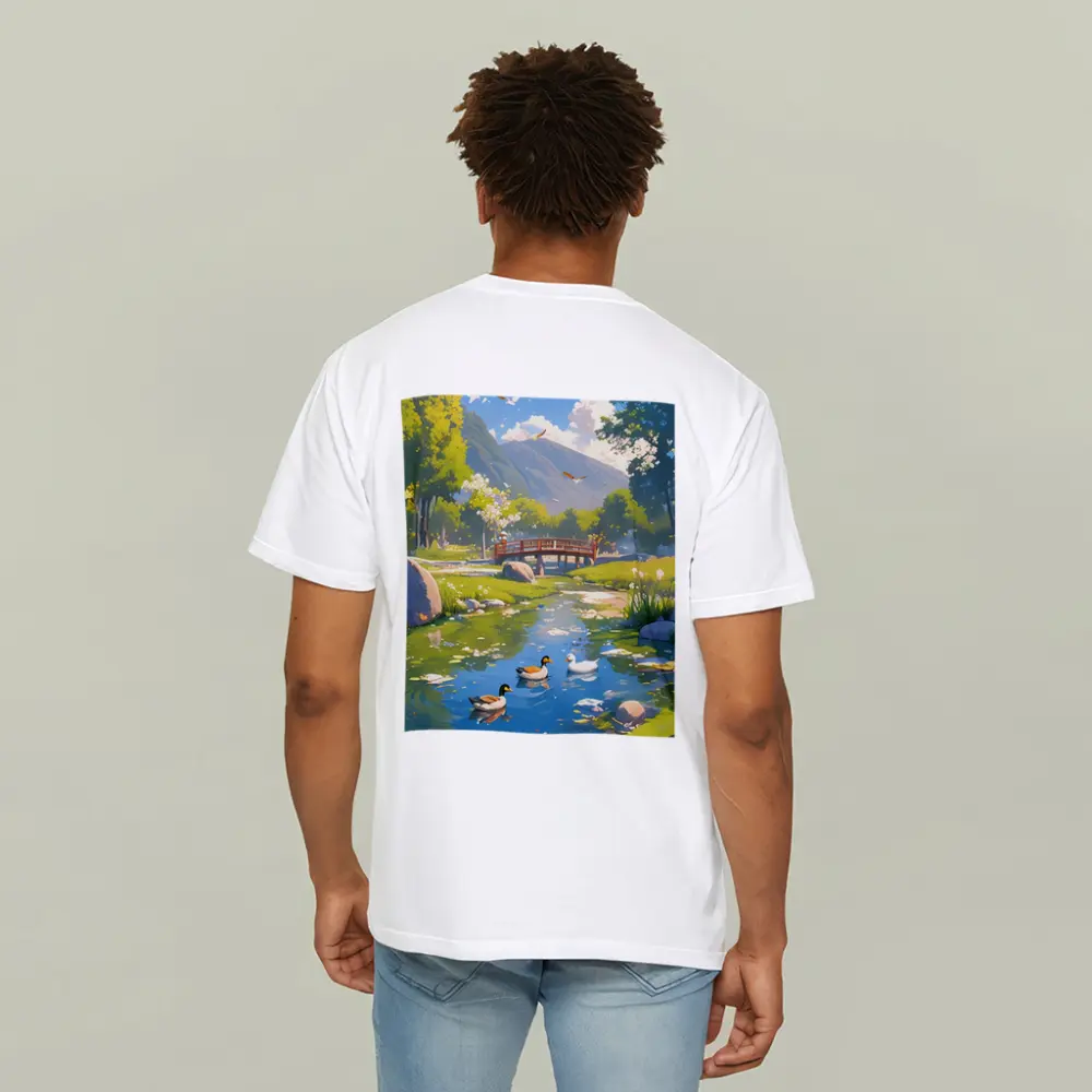 Ducks Swimming By Bridge Anime Landscape – T-Shirts