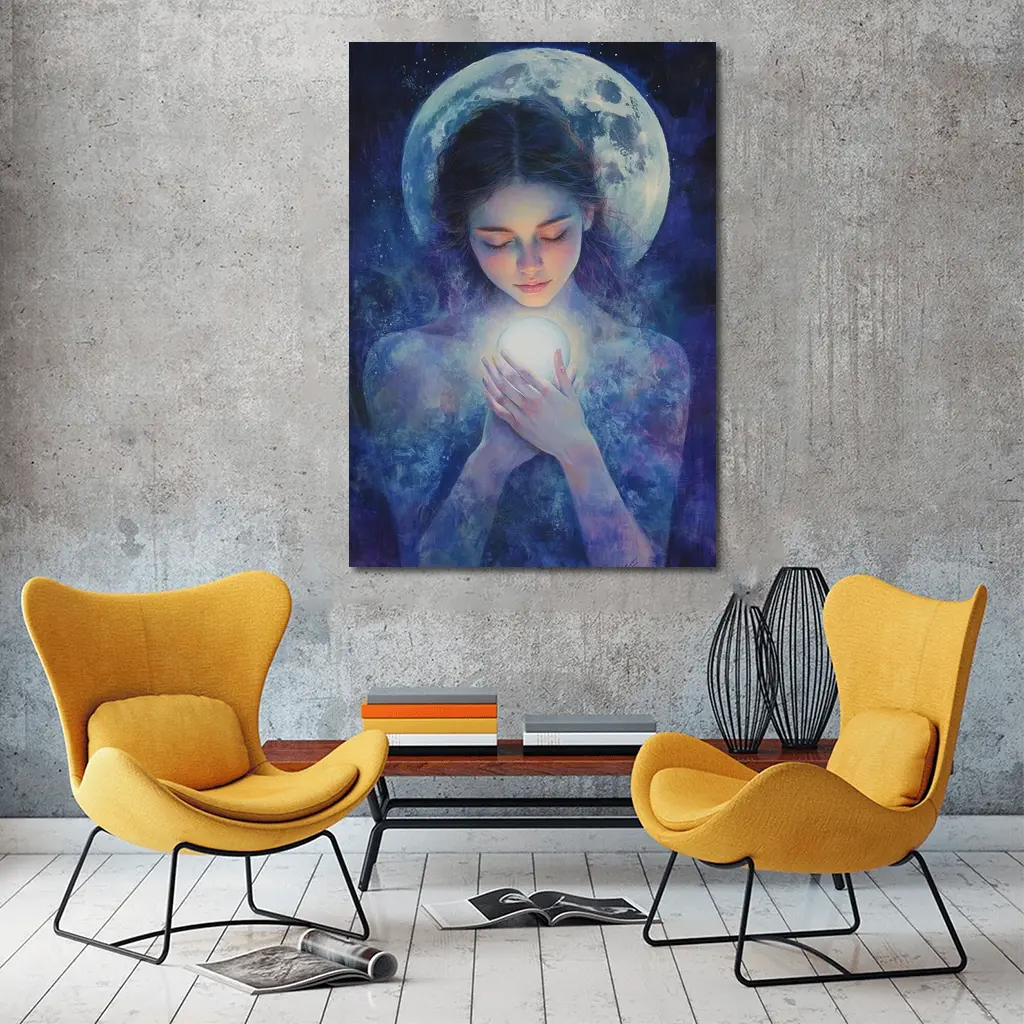 Moon Goddess Holding Glowing Orb Fantasy – Wall Art