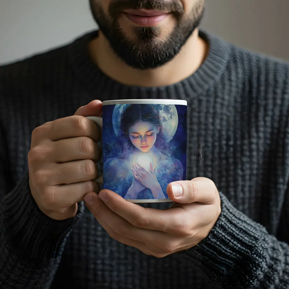 Moon Goddess Holding Glowing Orb Fantasy – Mugs
