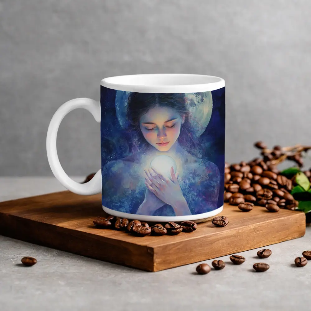 Moon Goddess Holding Glowing Orb Fantasy – Mugs